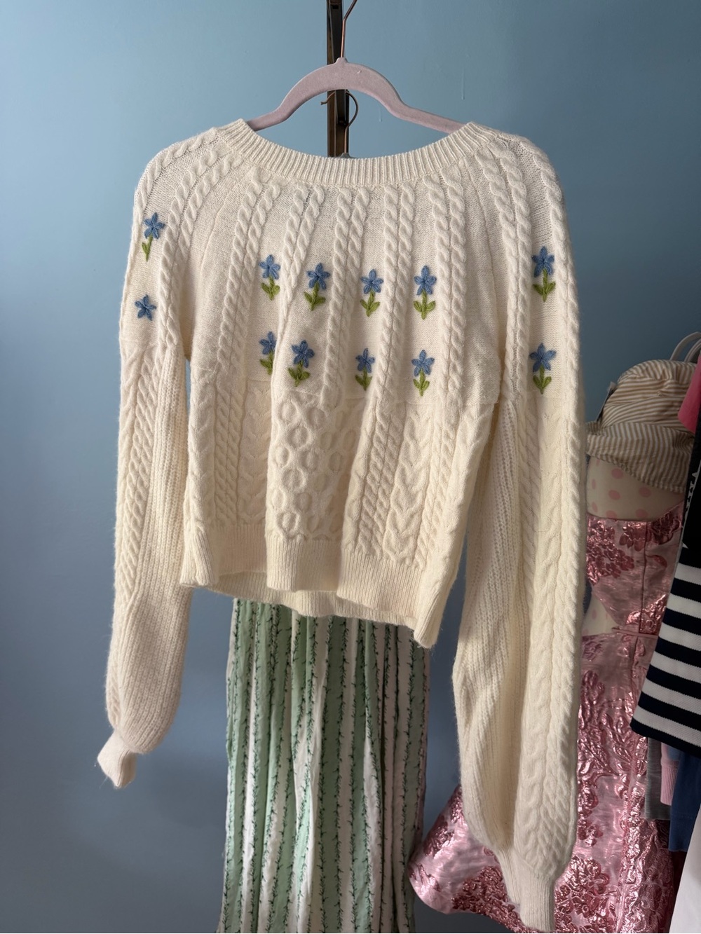 Cider Ivory Cable-Knit Crewneck Sweater with Blue Floral Details boho